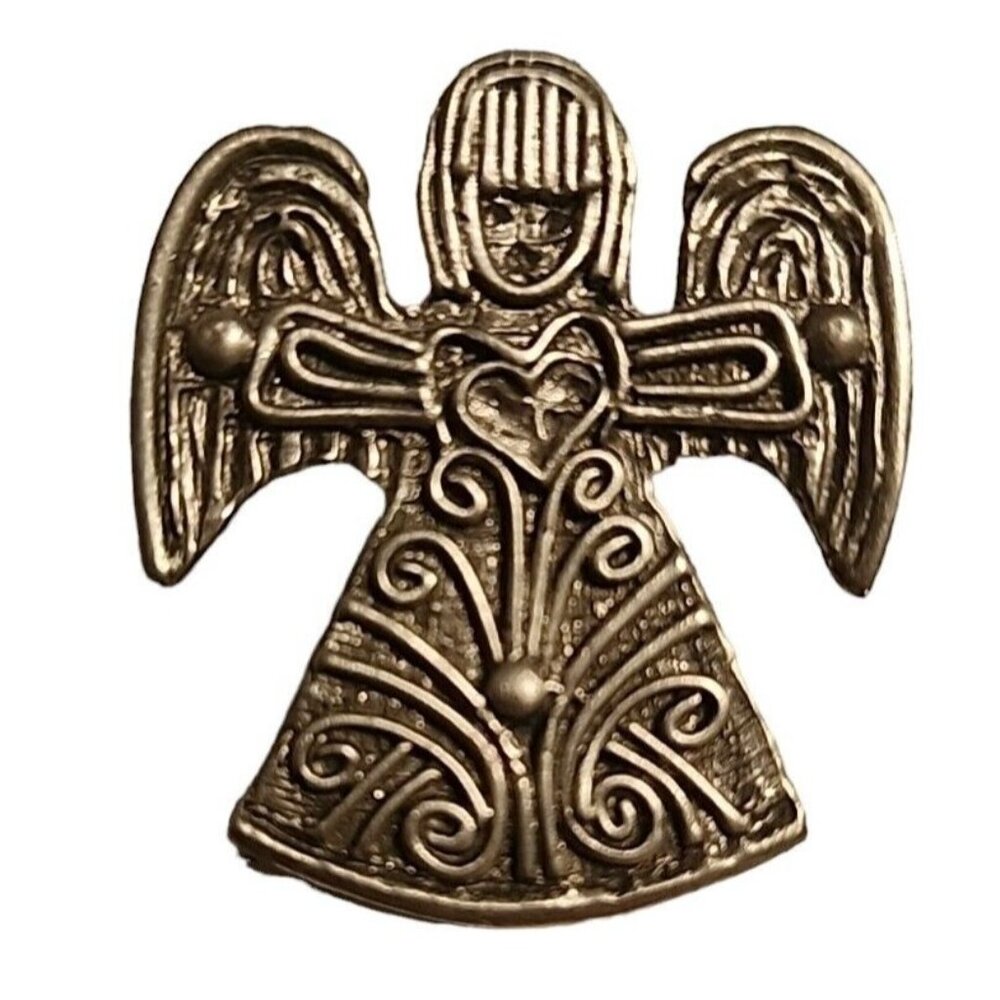Signed Marcie Pewter Angel with Heart Pin Brooch